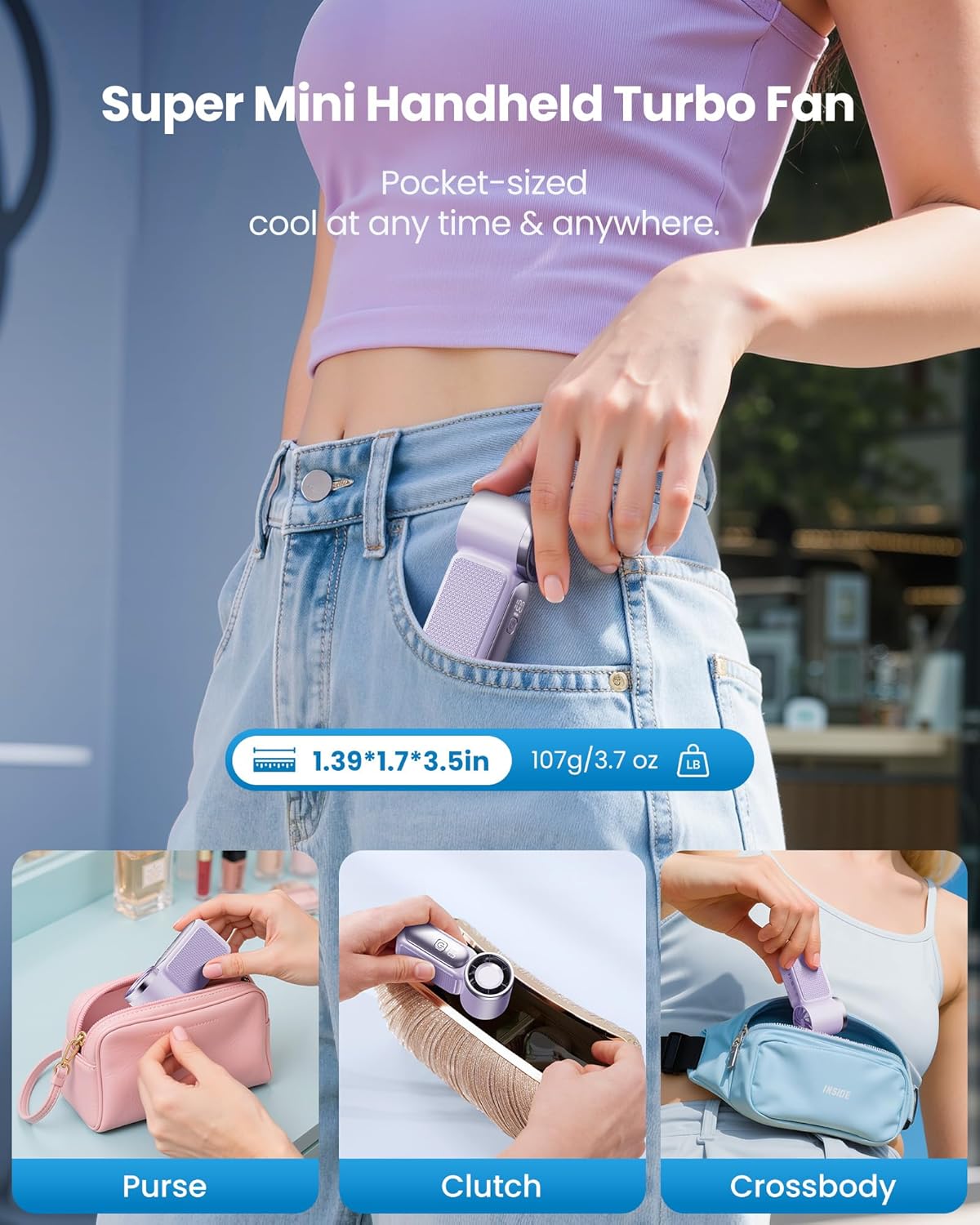 ❄️Mini Handheld Fan with LED Display👍5-Speed Turbo Pocket size Fan✨USB Rechargeable, High-Speed Cooling for Travel & Makeup